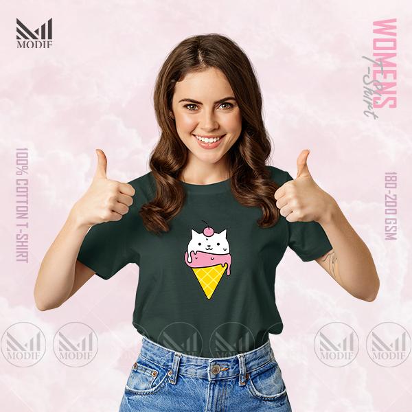 Ice Cream Cat Women Graphic T-Shirt Made With Premium Cotton Unisex Round Neck Short Sleeve