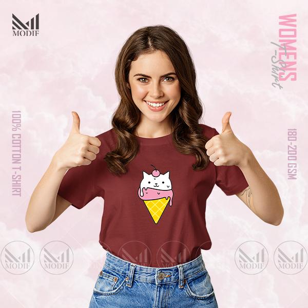 Ice Cream Cat Women Graphic T-Shirt Made With Premium Cotton Unisex Round Neck Short Sleeve