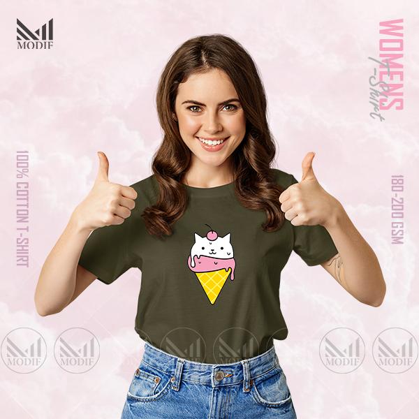 Ice Cream Cat Women Graphic T-Shirt Made With Premium Cotton Unisex Round Neck Short Sleeve