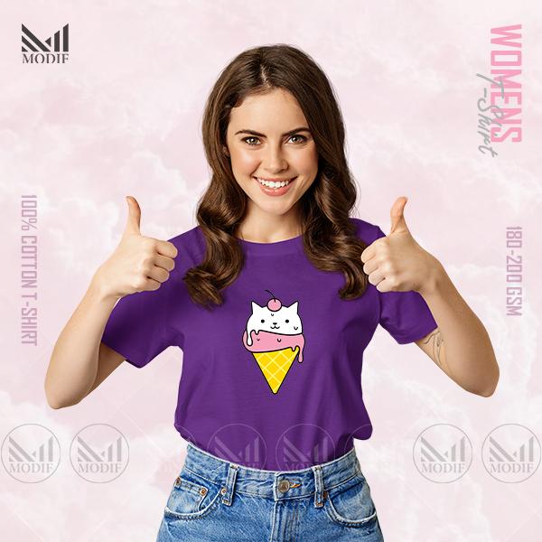 Ice Cream Cat Women Graphic T-Shirt Made With Premium Cotton Unisex Round Neck Short Sleeve
