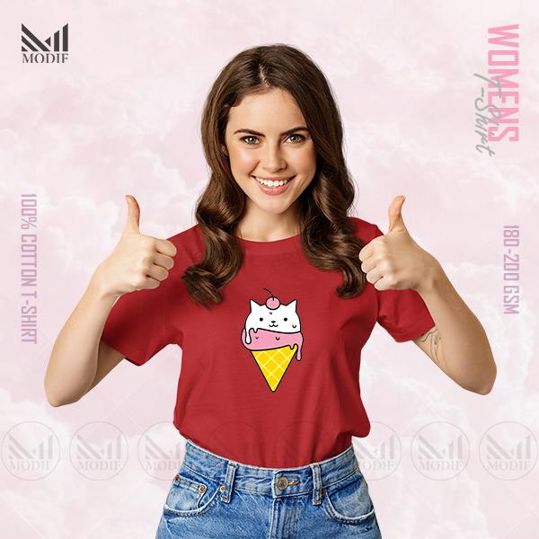 Ice Cream Cat Women Graphic T-Shirt Made With Premium Cotton Unisex Round Neck Short Sleeve