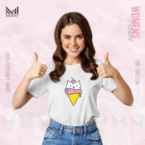 Ice Cream Cat Women Graphic T-Shirt Made With Premium Cotton Unisex Round Neck Short Sleeve