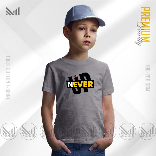 Never give up kids graphic t-shirt premium cotton unisex round neck short sleeve baju budak lelaki perempuan