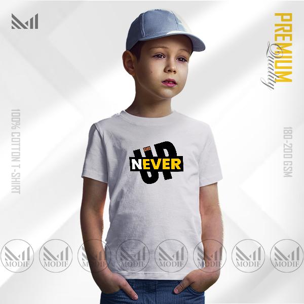 Never give up kids graphic t-shirt premium cotton unisex round neck short sleeve baju budak lelaki perempuan