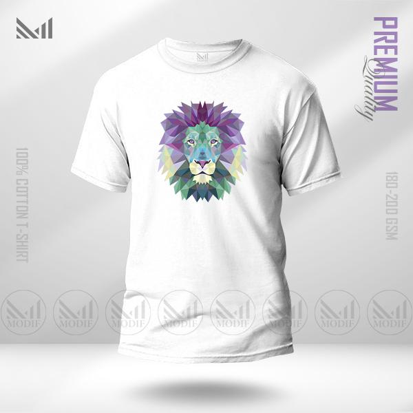 Polygon Lion Graphic T-Shirt – Geometric Animal Design | Premium Cotton | Unisex Round Neck | Short Sleeve | Modern Streetwear Style