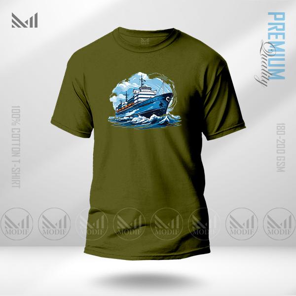Retro Ship Graphic T-Shirt – Vintage Nautical Artwork in Premium Cotton | Unisex Round Neck | Short Sleeve