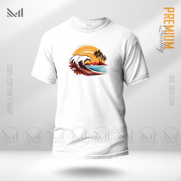 Wave Sunset Graphic T-Shirt – Vibrant Coastal Artwork Design | Premium Cotton | Unisex Round Neck | Short Sleeve